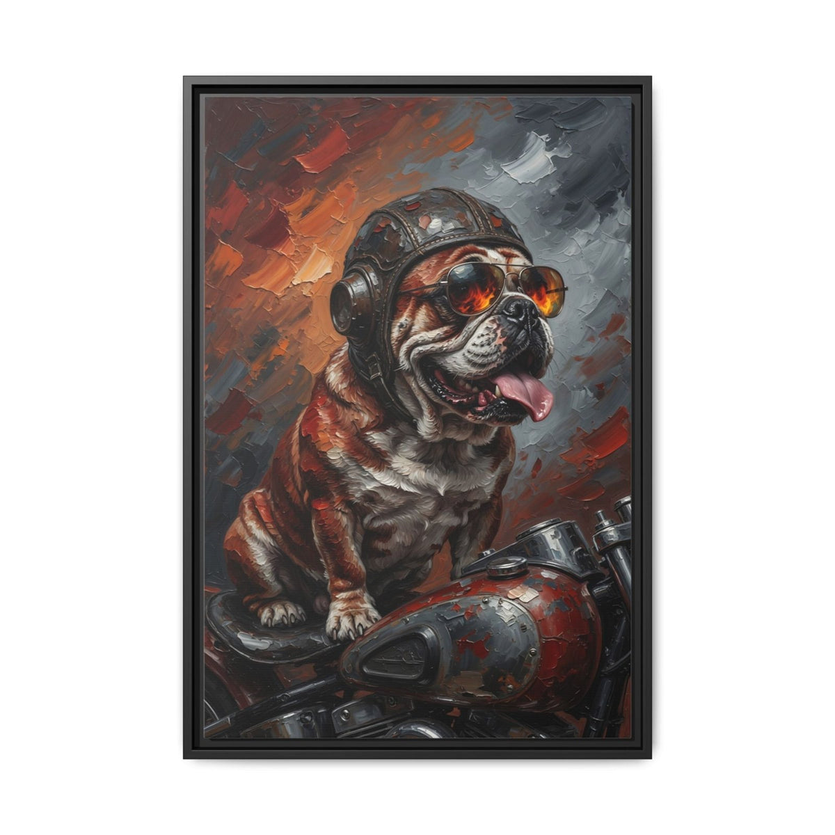 Framed canvas biker bulldog painting, black frame, helmeted dog roaring with motorcycle