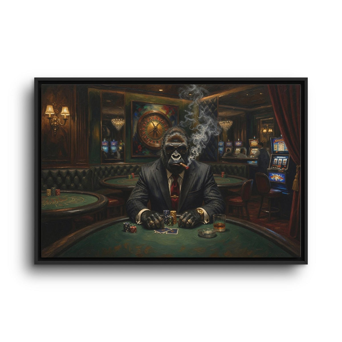 Framed canvas poker wall art featuring a suited gorilla dealer with cigar smoke