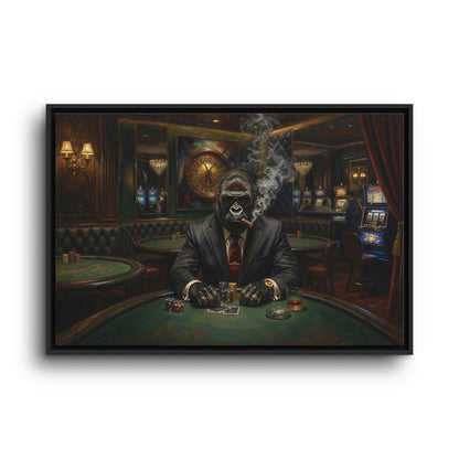 Framed canvas poker wall art featuring a suited gorilla dealer with cigar smoke