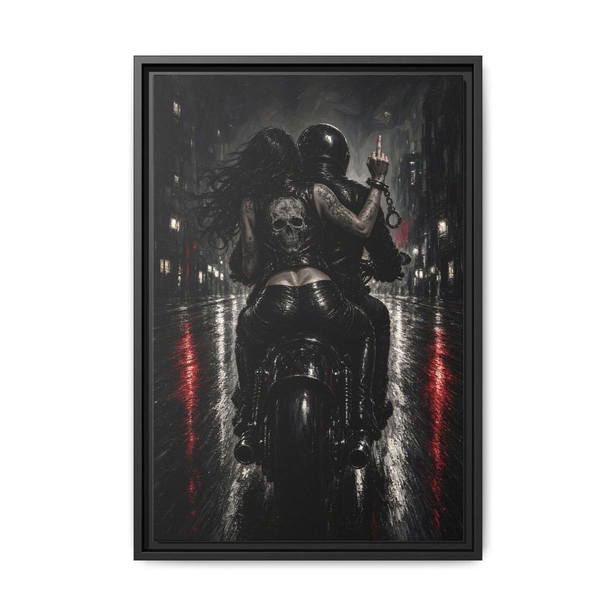 Black-framed wall art canvas: monochrome biker with skull helmet and red lane lines