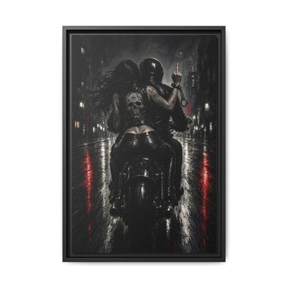 Black-framed wall art canvas: monochrome biker with skull helmet and red lane lines