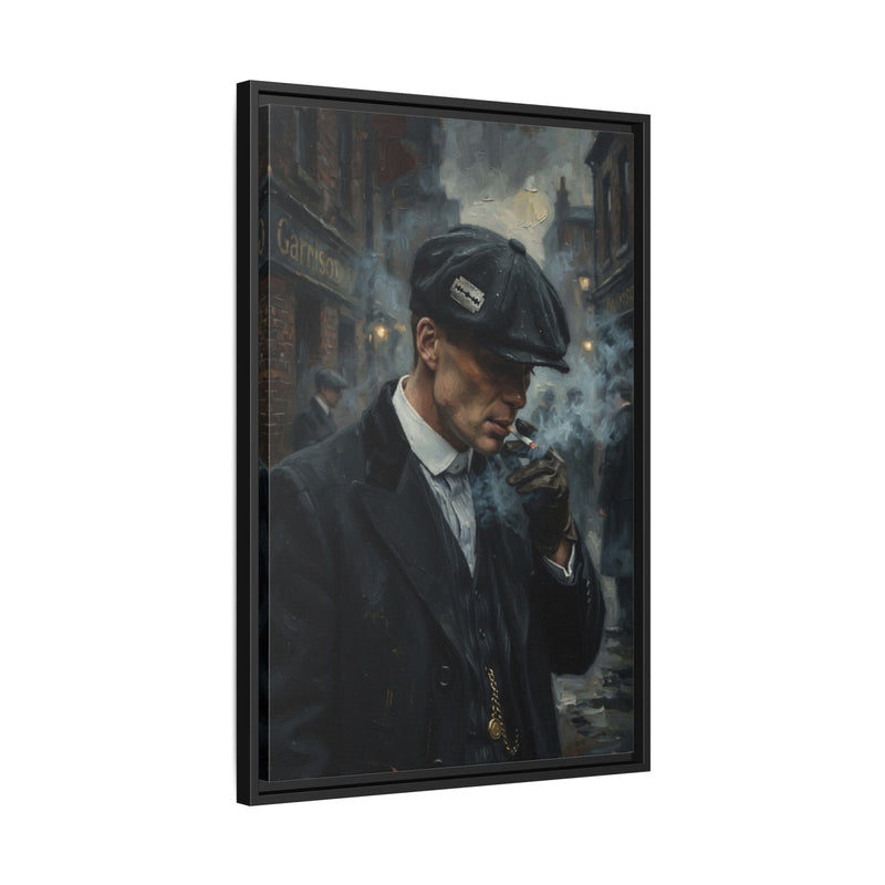 Framed matte canvas: close view of smoking man in dark cap, suit collar visible
