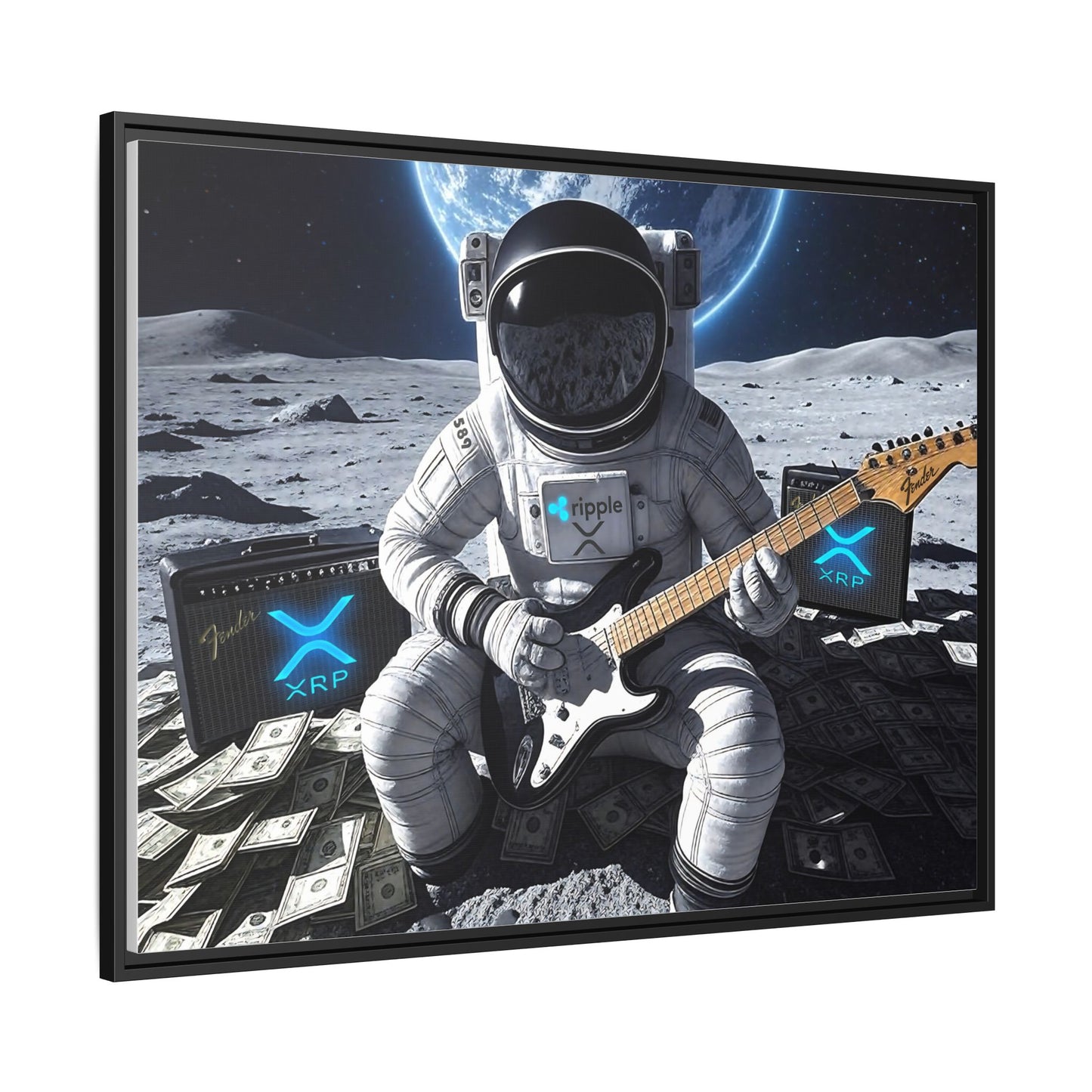 XRP To The Moon! Astronaut Playing Electric Guitar Canvas | Framed Wall Art