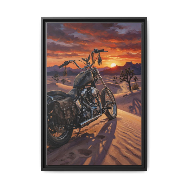 Framed motorcycle canvas wall art with black frame, desert sunset and riding bike