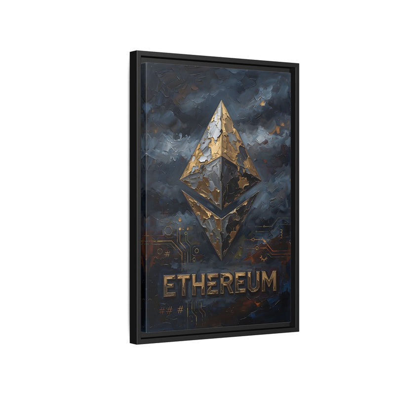 Framed portrait canvas wall art featuring Ethereum diamond logo and ETHEREUM lettering