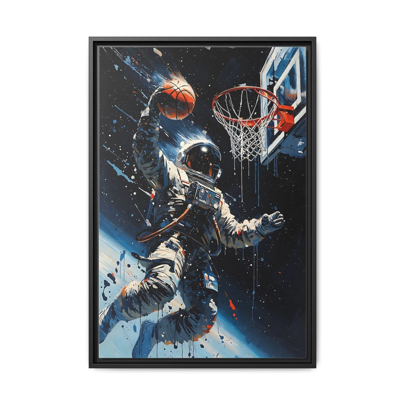 Black-framed matte canvas showing an astronaut dunking a basketball in space.
