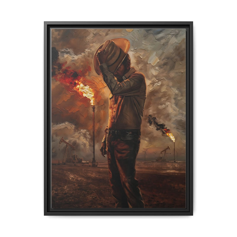 Framed canvas wall art of a cowboy in orange hard hat holding a torch, amid flames
