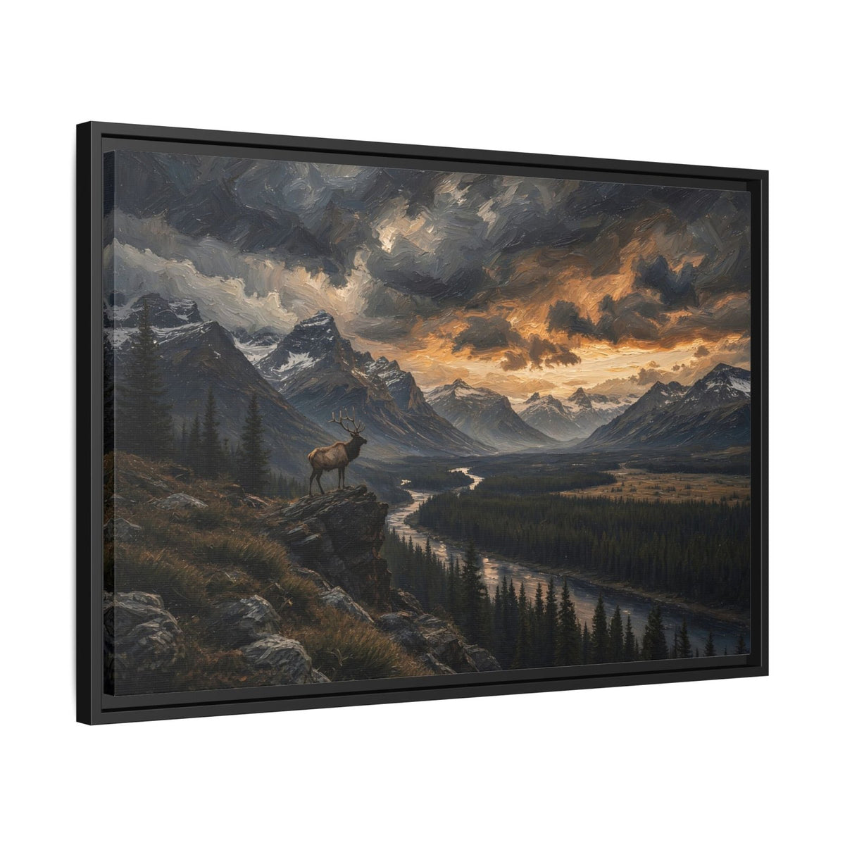 Framed canvas wall art angled view, mountain landscape with elk and dramatic clouds