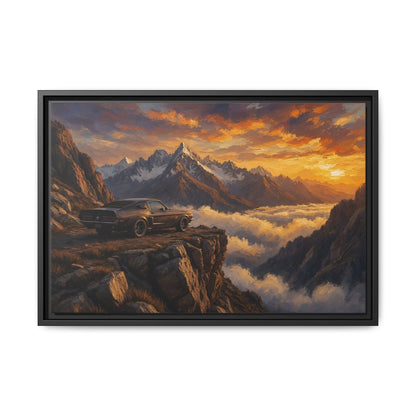 Black-framed canvas wall art showing a muscle car by mountain rocks with glowing sunset clouds
