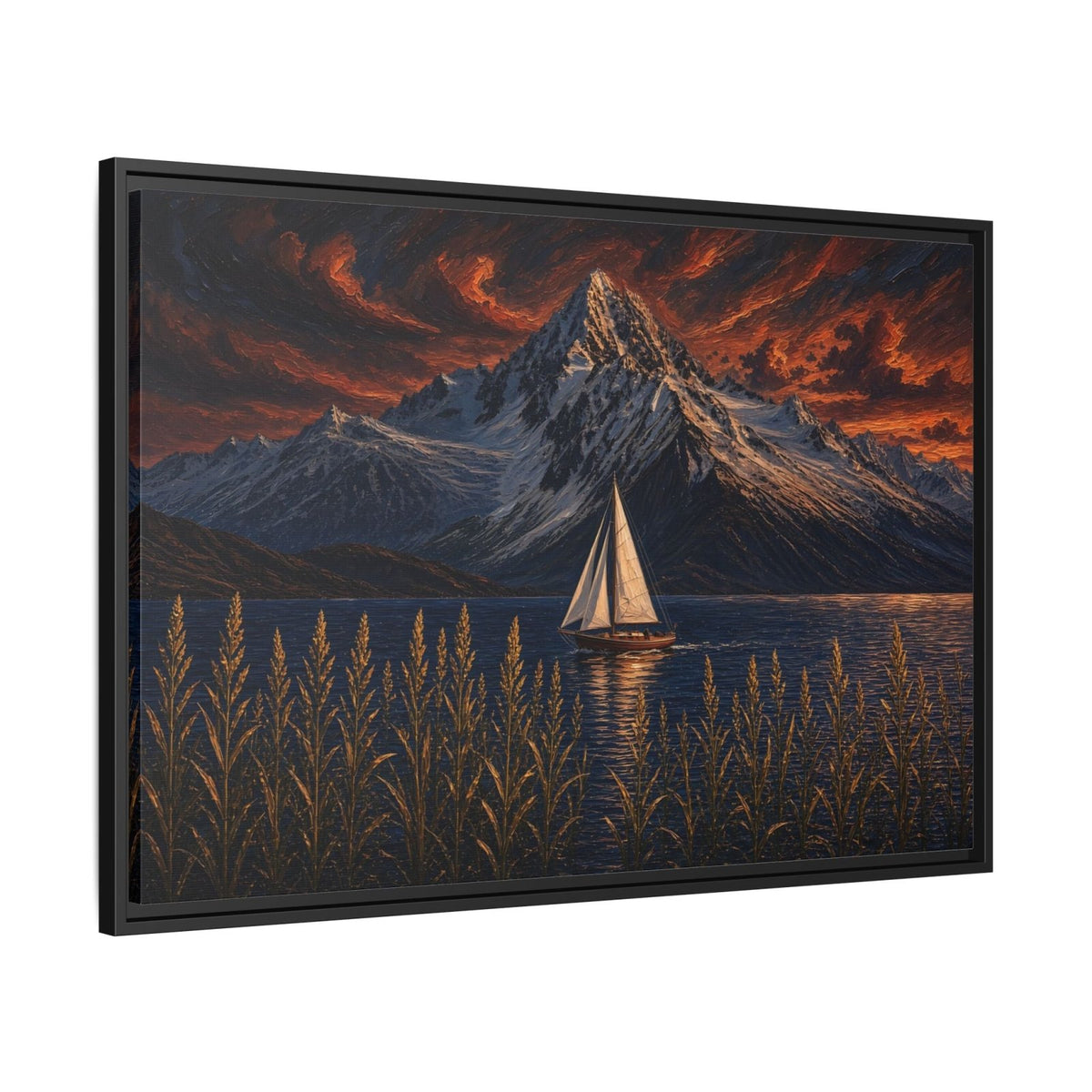 Black-framed canvas print angled view with sailboat, mountain peak, and reed foreground