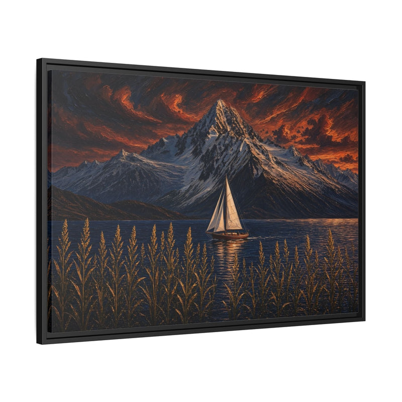 Black-framed canvas print angled view with sailboat, mountain peak, and reed foreground