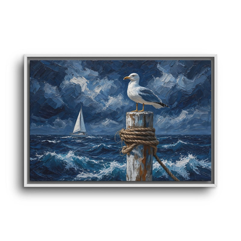 Coastal canvas art showing a gull and sailboat above rough blue waves, white frame