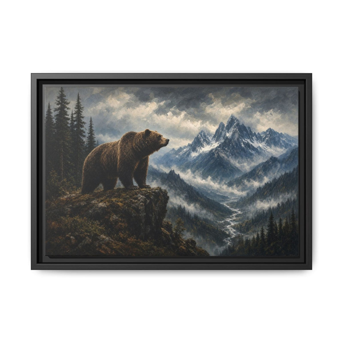 Black-framed bear and mountain landscape canvas wall art, bear on rocky ledge