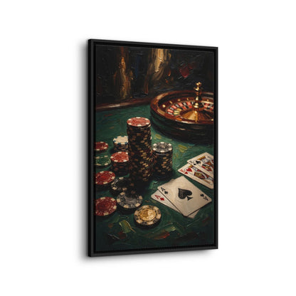 Casino canvas with a roulette wheel, stacked poker chips, and playing cards in a black frame