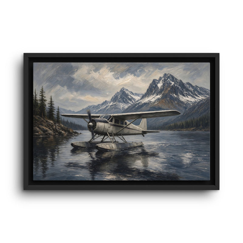 Black-framed canvas print featuring a seaplane floating on a river with mountain backdrop