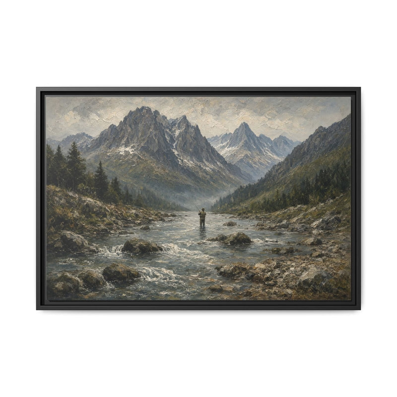 Black-framed fly fishing canvas wall art with mountain river and standing fisherman