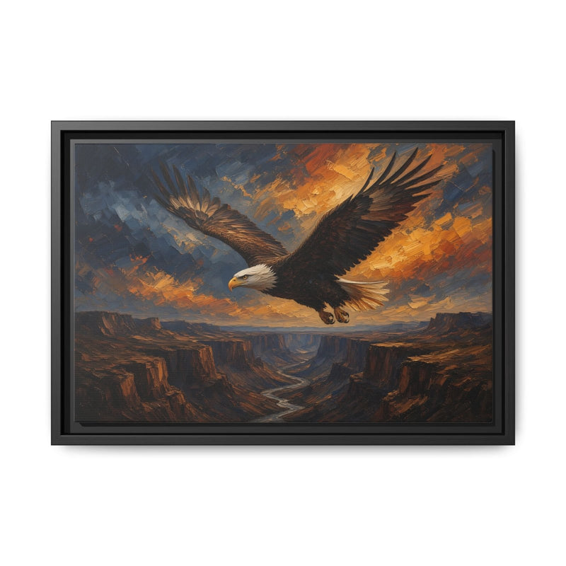 Black framed wall art featuring a flying eagle over warm canyon rocks
