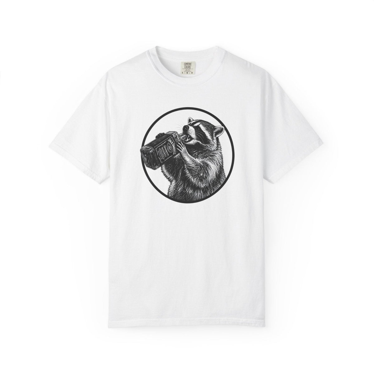 Men's white raccoon-and-whiskey graphic T-shirt, crew neck
