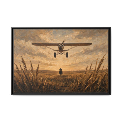 Black-framed canvas wall art with biplane and cowboy amid wheat-like reeds
