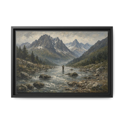 Black-framed fly fishing canvas wall art with scenic mountains, flowing river, and angler