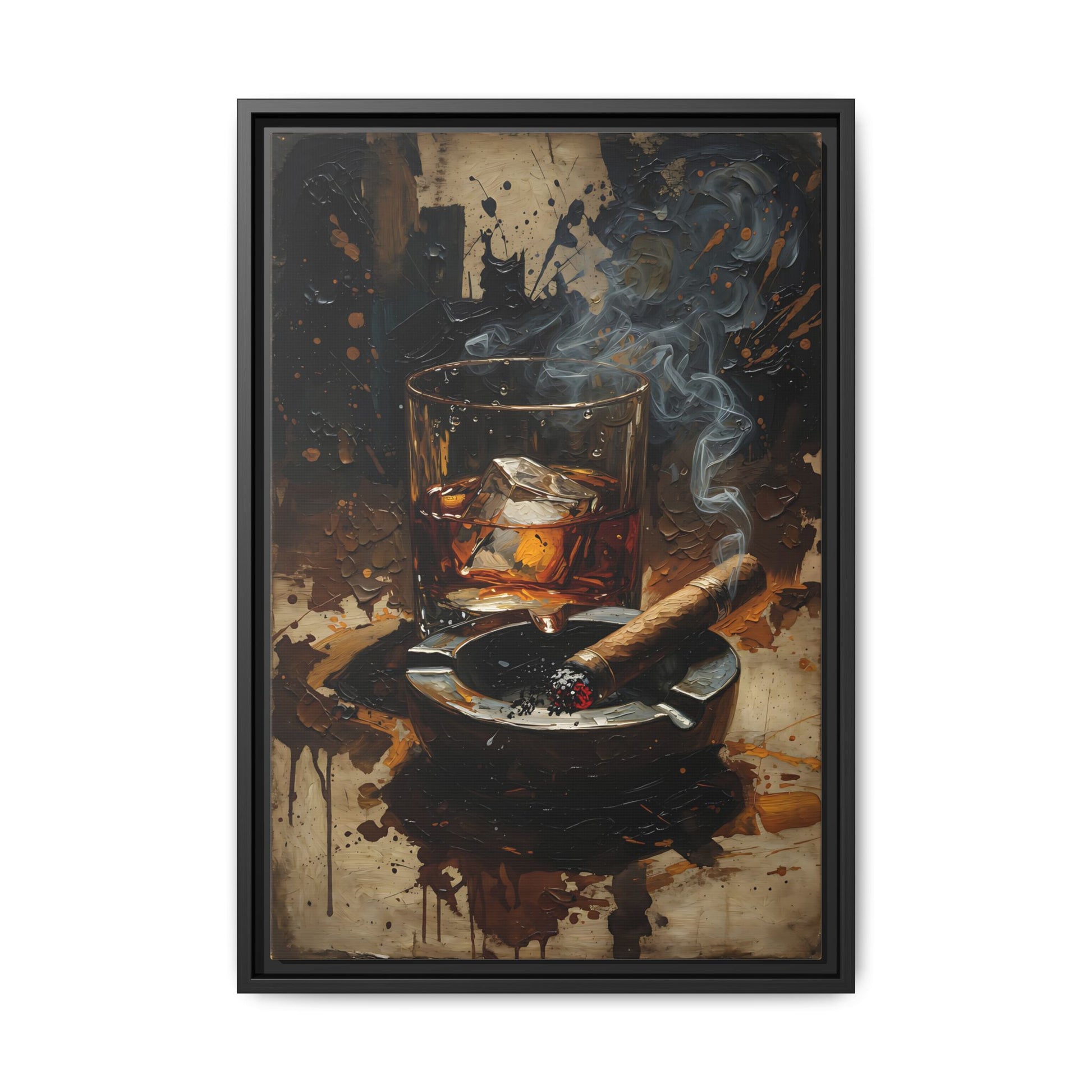 Black-framed canvas print with whiskey glass, ashtray, cigar, and blue-gray smoke streaks