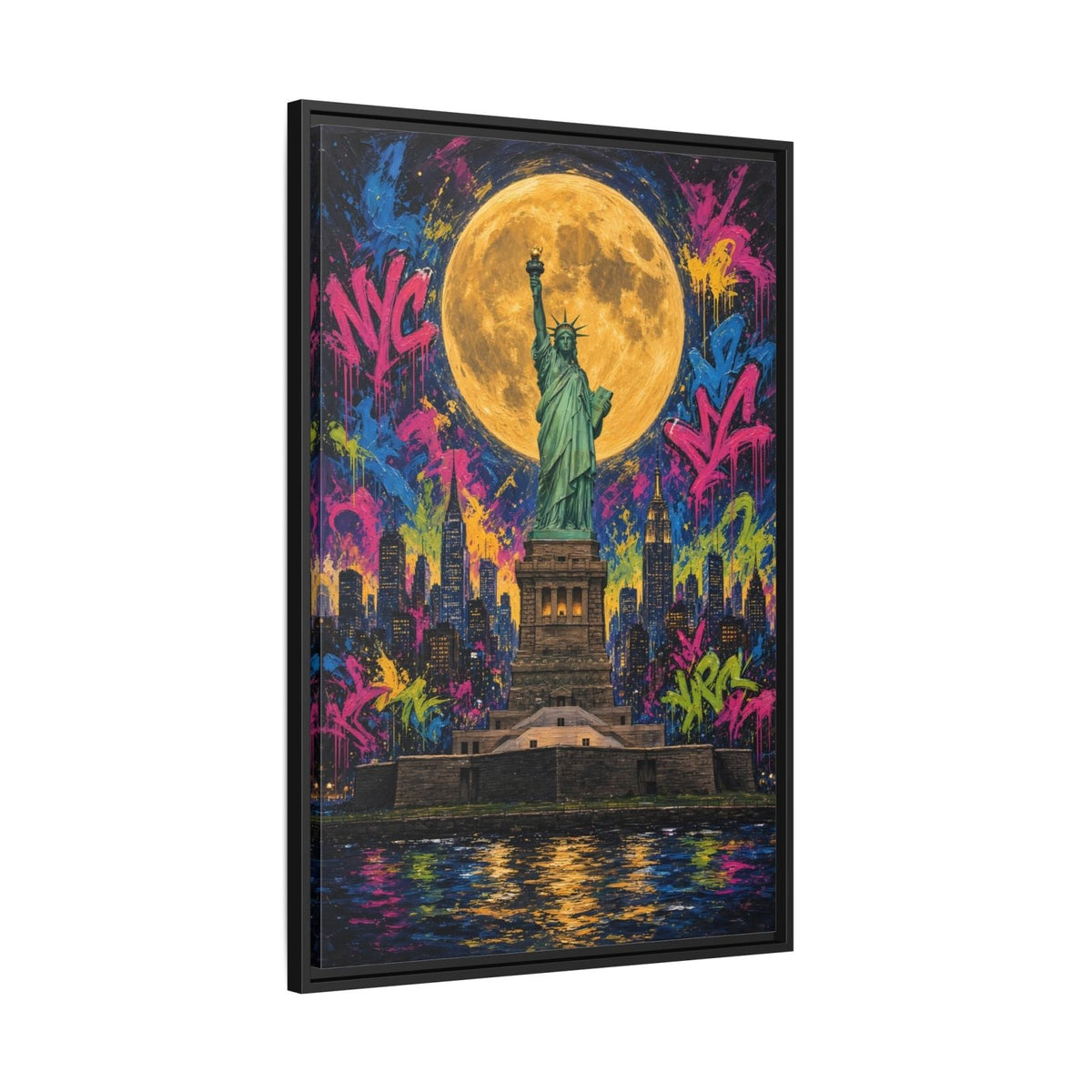 Framed graffiti canvas with black frame, Statue of Liberty standing under full moon