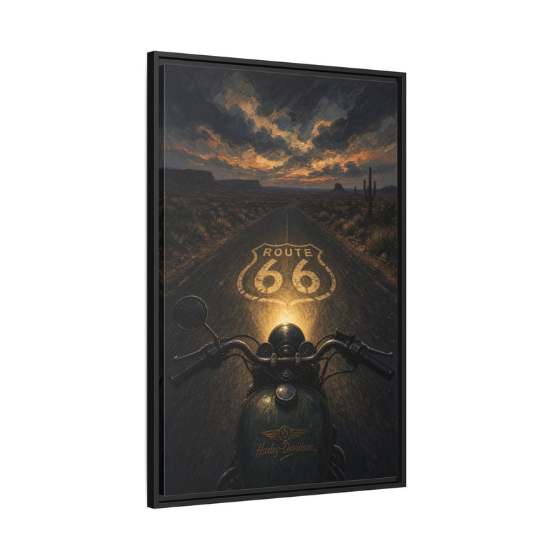 Framed Route 66 motorcycle canvas print, handlebars and headlight above Route 66 66 emblem