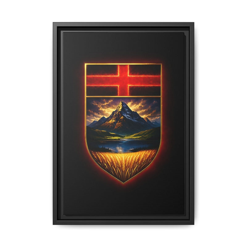 Framed canvas print, black frame; crest shield with red cross over mountains and golden grass