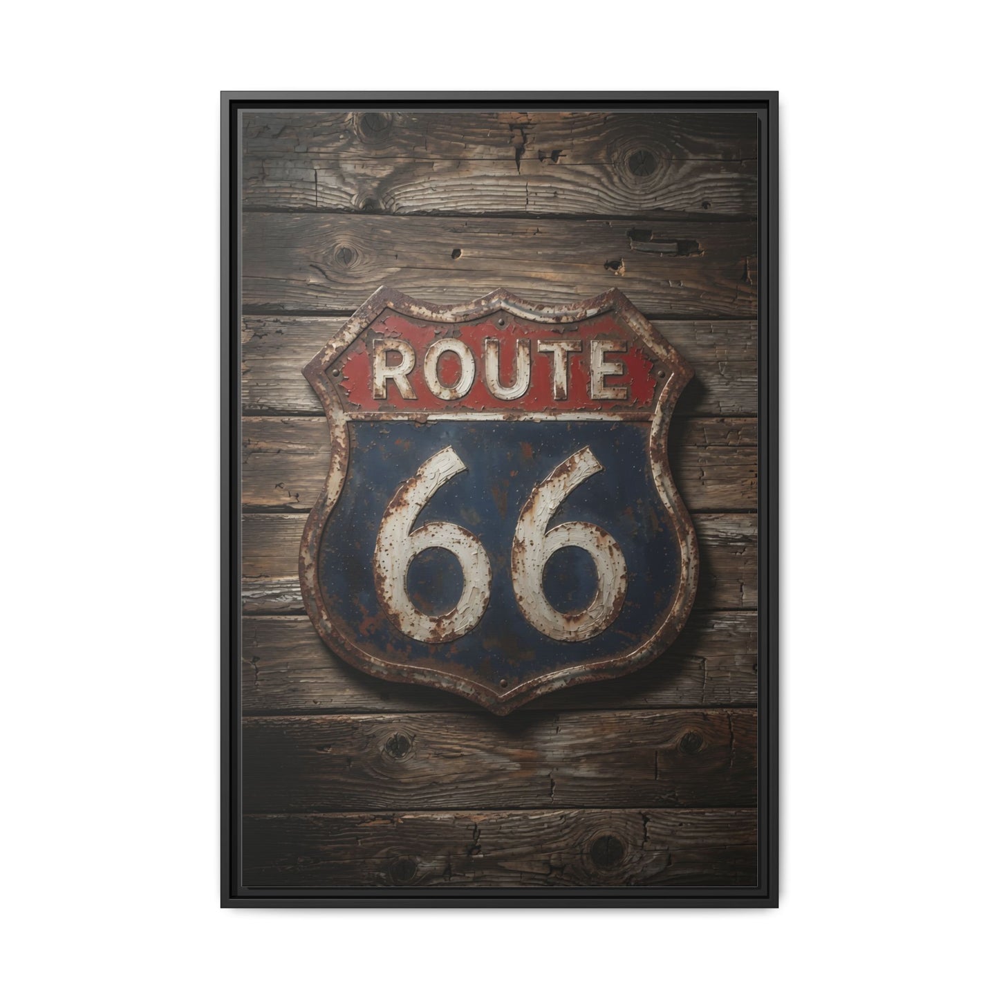 Route 66 Vintage Sign Framed Canvas — Rustic Retro Road Trip Wall Art