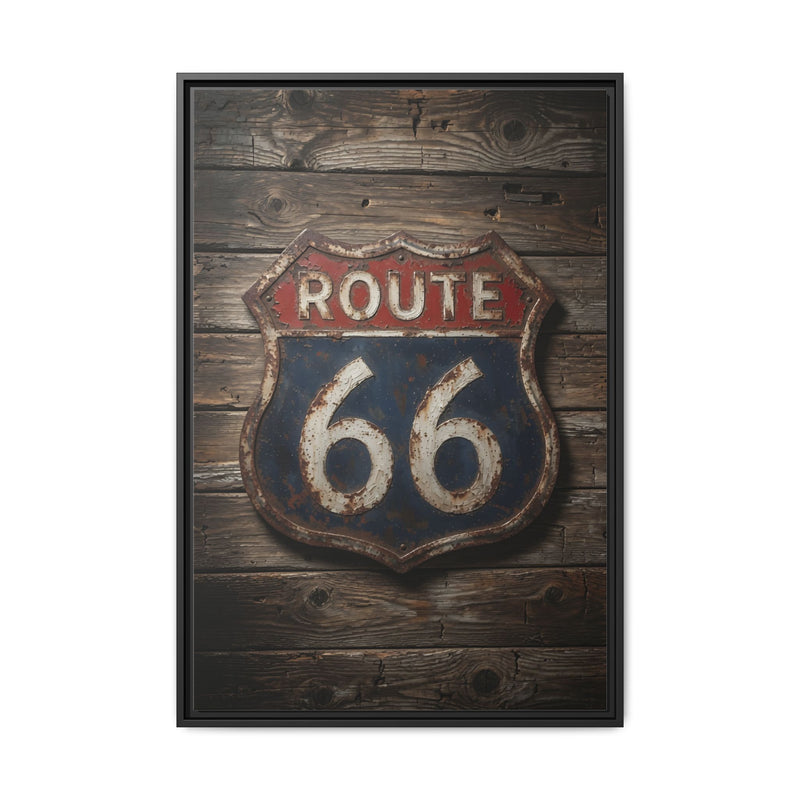 Route 66 Vintage Sign Framed Canvas — Rustic Retro Road Trip Wall Art