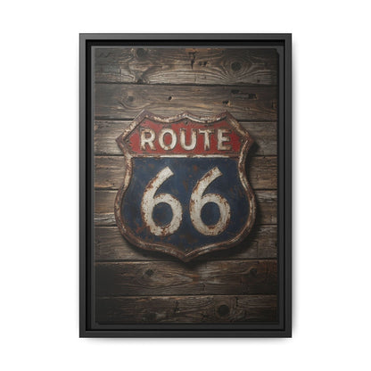 Route 66 Vintage Sign Framed Canvas — Rustic Retro Road Trip Wall Art