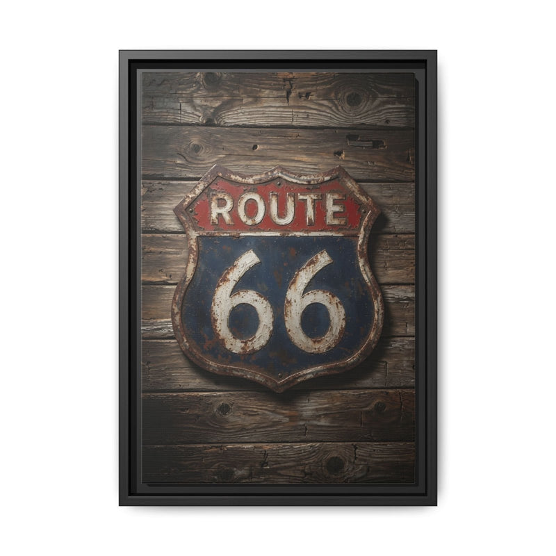 Route 66 Vintage Sign Framed Canvas — Rustic Retro Road Trip Wall Art