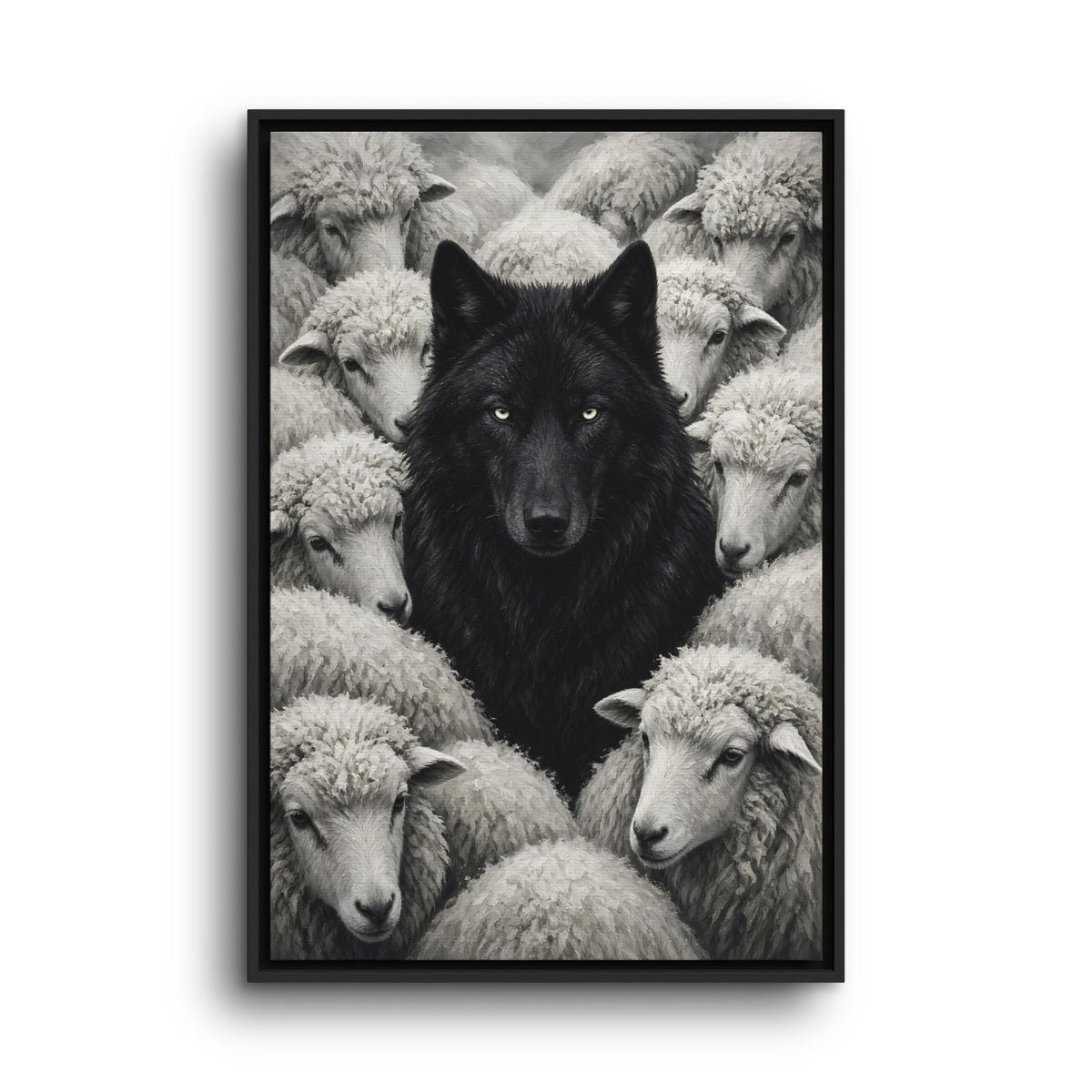Vertical framed canvas print showing black wolf face among fluffy white sheep