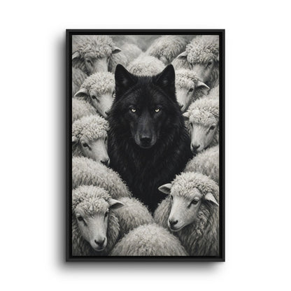 Vertical framed canvas print showing black wolf face among fluffy white sheep