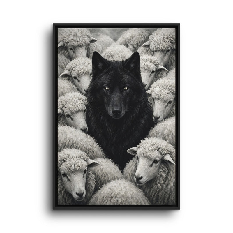 Vertical framed canvas print showing black wolf face among fluffy white sheep