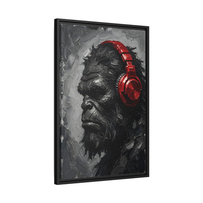 Framed canvas print depicting Bigfoot portrait with red over-ear headphones, monochrome style