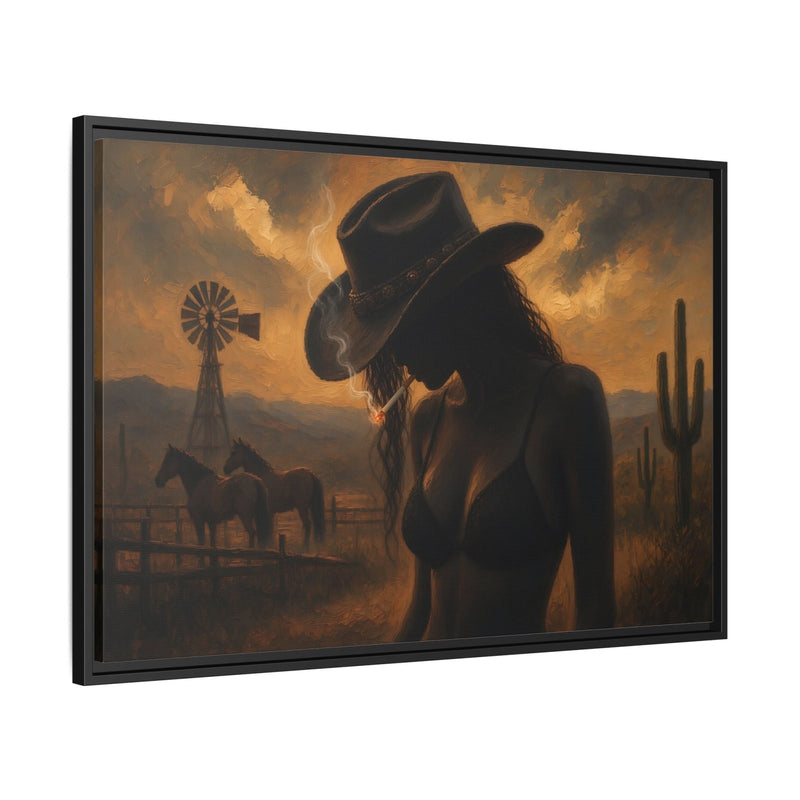Black-framed desert cowgirl canvas, angled view with cowboy hat and windmill