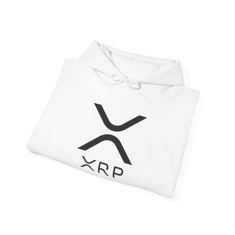 White logo pullover hoodie with front XRP graphic, angled close-up