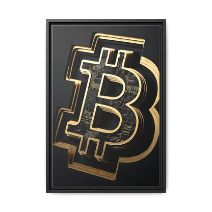 Gold Bitcoin Symbol Matte Framed Canvas — Crypto Wall Art for Office & Home