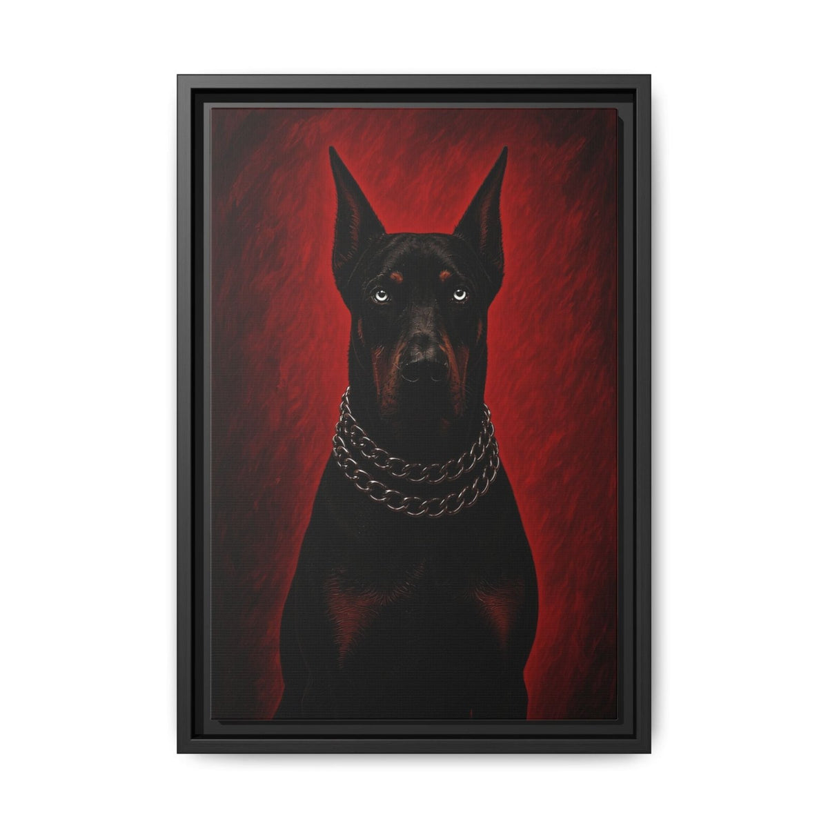 Framed canvas Doberman portrait with red abstract tones and a silver chain collar