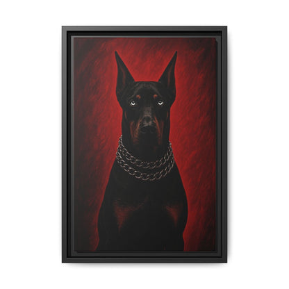 Framed canvas Doberman portrait with red abstract tones and a silver chain collar