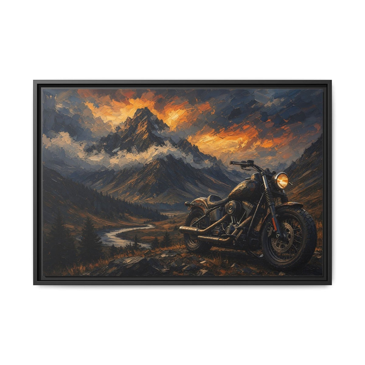 Black framed motorcycle landscape canvas art with mountain road and sunset sky