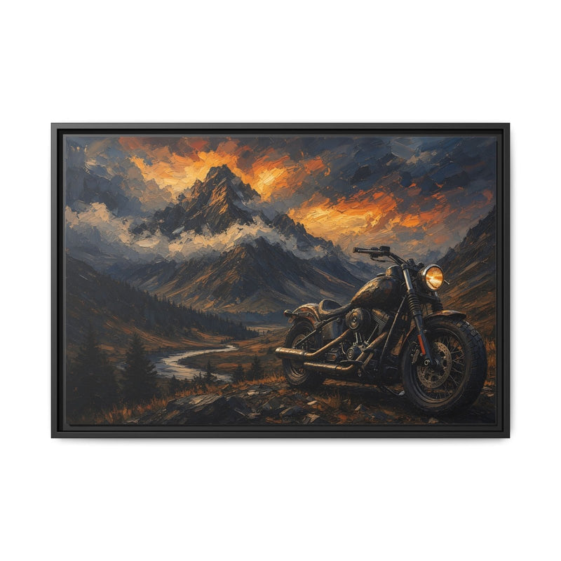 Black framed motorcycle landscape canvas art with mountain road and sunset sky