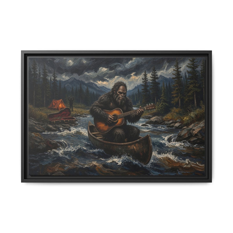 Framed canvas wall art, black frame featuring Bigfoot paddling canoe with guitar in wilderness river