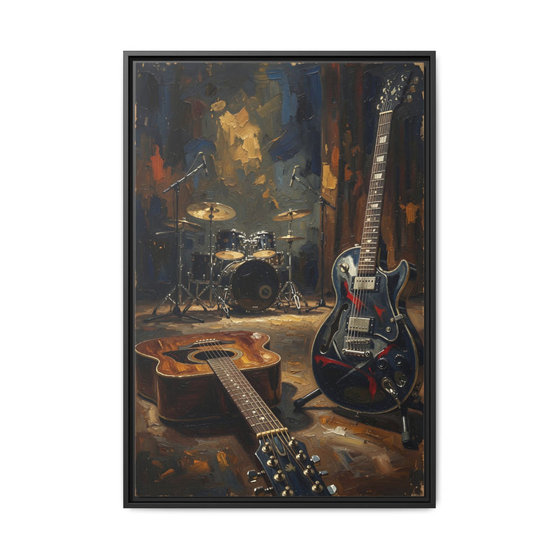 Framed Rock N Roll Matte Canvas - Vintage Guitar & Drum Set Music Wall Art