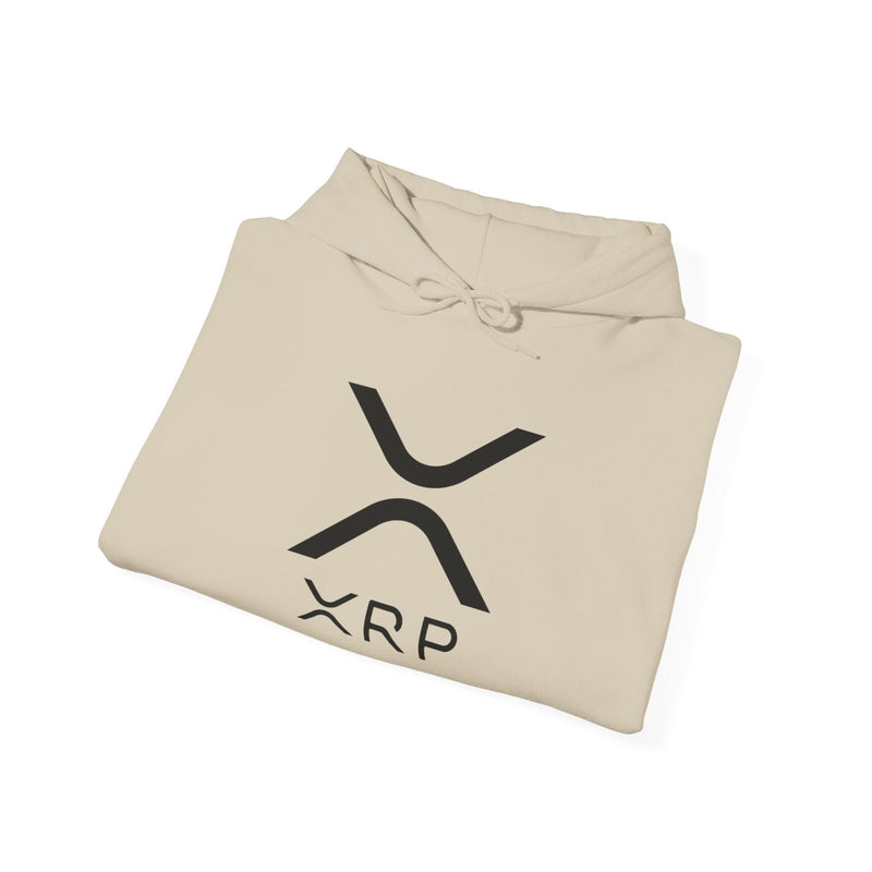 Sand logo pullover hoodie with front XRP graphic, angled close-up