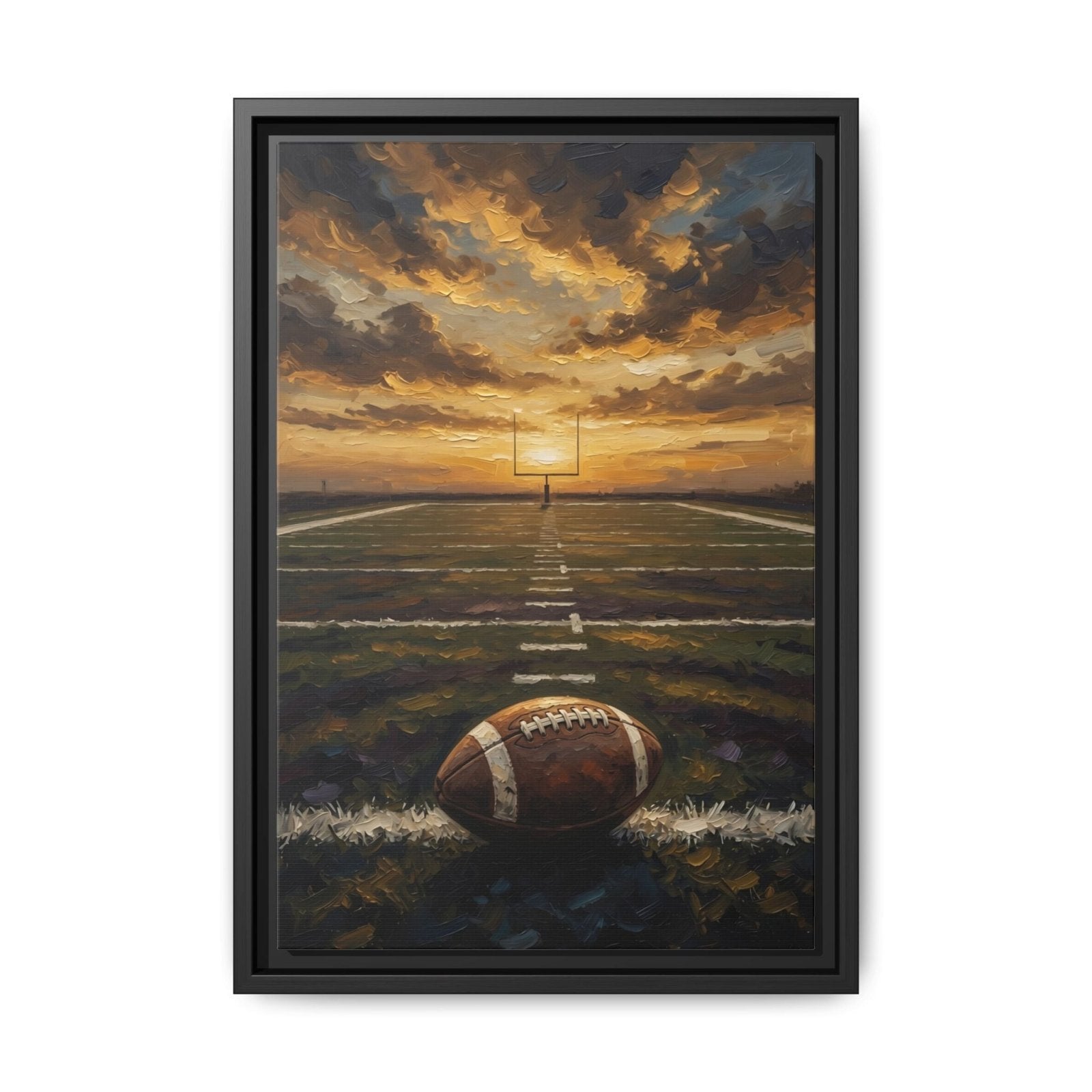 Black framed football field canvas with glowing sunset sky and football on grass