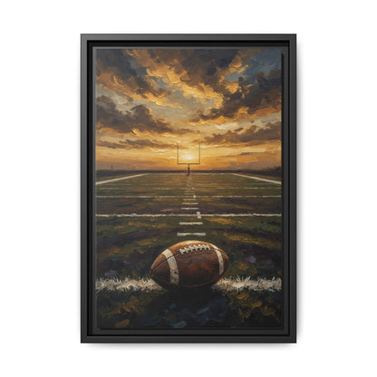 Black framed football field canvas with glowing sunset sky and football on grass