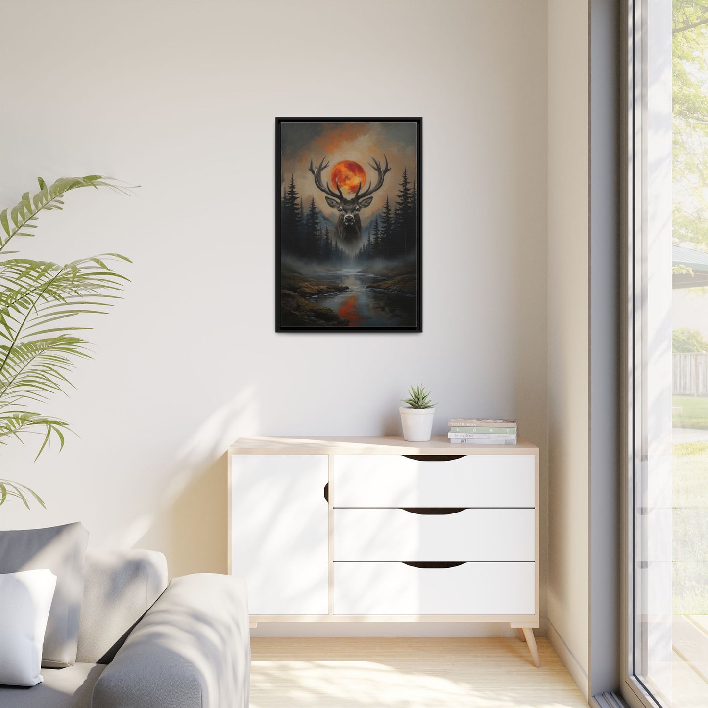 Stag Silhouette with Blood Moon -  Framed Matte Canvas Art