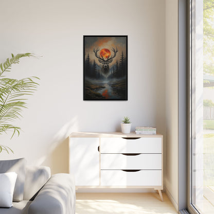Stag Silhouette with Blood Moon -  Framed Matte Canvas Art